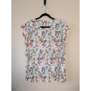 DR2 White Floral Flowy Blouse Sz XL Ruffles Cottagecore Short Sleeve Round Neck